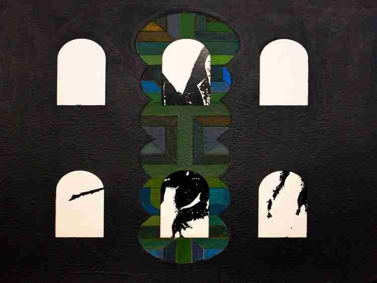 Serie Hábitat. Ernesto Rodríguez Ramos. La ventana discreta con señuelos. Grabados a láser sobre papel, acuarela y serigrafía  45 x 52 cms. 2023