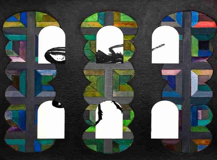 Serie Hábitat. Ernesto Rodríguez Ramos. La ventana discreta con señuelos. Grabados a láser sobre papel, acuarela y serigrafía  45 x 52 cms. 2023