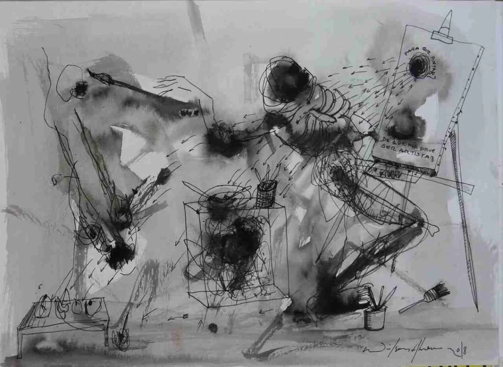 Los elementos esotéricos en la apuesta pictórica de Wilson Abreu.  Obra: De qué me sirve ser un artista?. Serie Gravitaciones. Técnica tinta sobre papel 300 grs. Medidas 27,9 x 38,1 cms. Autor Wilson Abreu. Origen República Dominicana. Año 2018