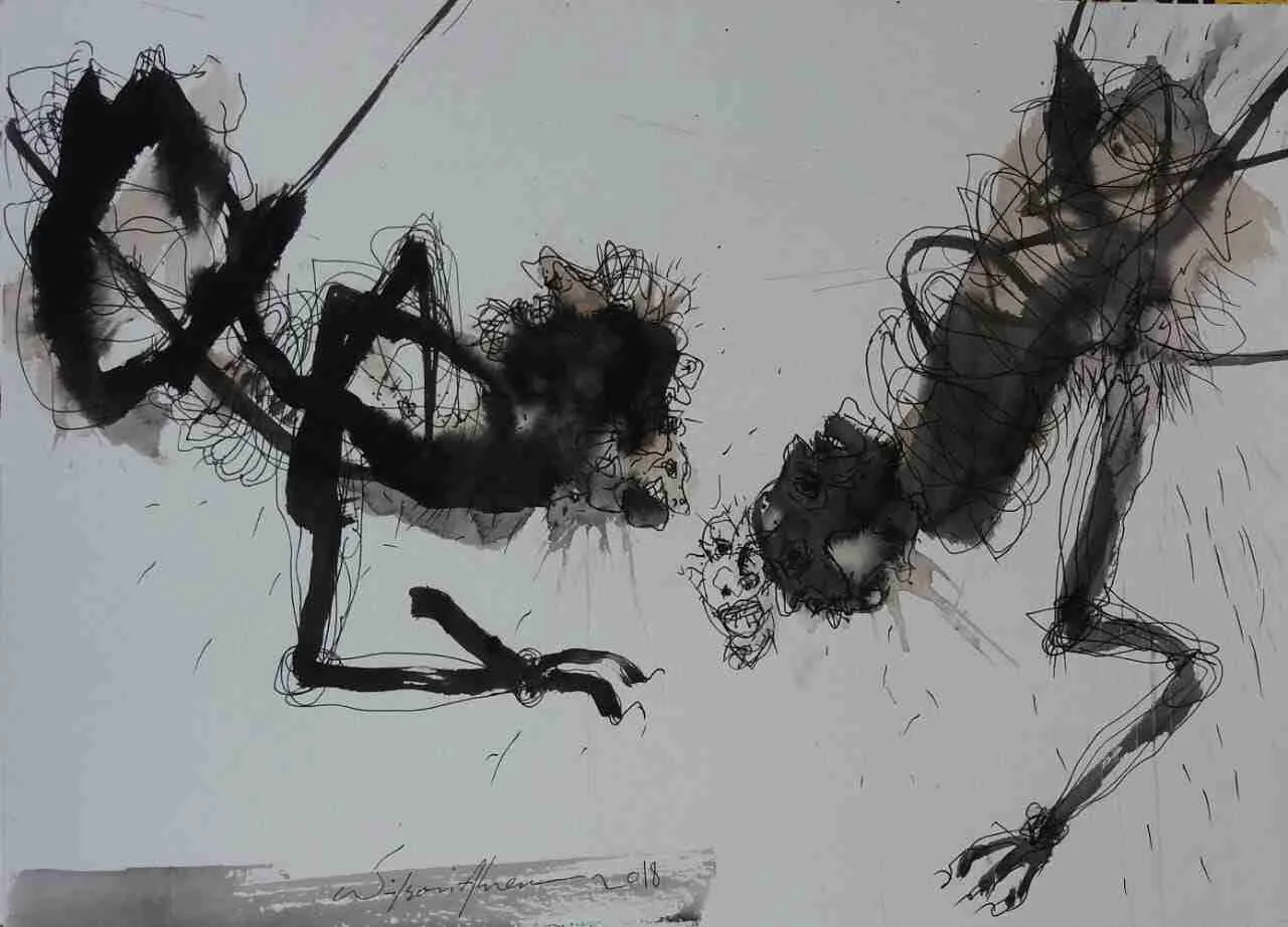 Wilson Abreu. Obras disponibles. Wilson Abreu. Título Encuentro. Serie Gravitaciones. Tinta sobre papel 300 grs. 11 x 15 pulgadas. Año 2018