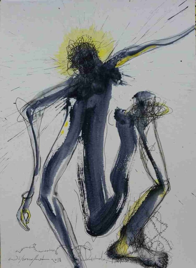 Flor de sol Serie Gravitaciones Técnica mixta sobre papel 300 grs Medidas 27,9 × 38,1 cms Autor Wilson Abreu Origen República Dominicana. Año 2018
