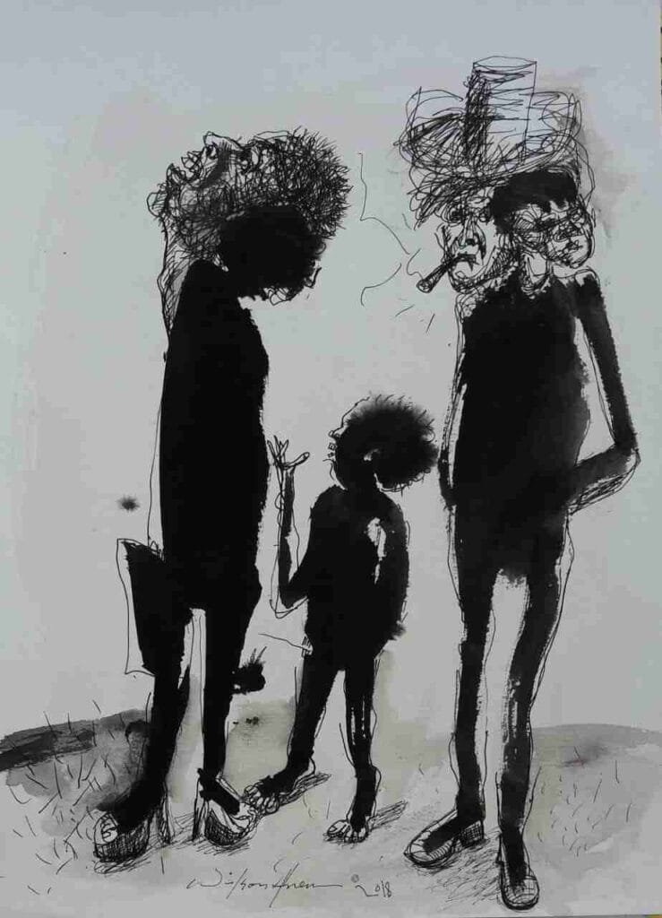 Subsistencia irónica Técnica tinta sobre papel Medidas 27,9 × 38,1 cms Autor Wilson Abreu Origen República Dominicana. Año 2018